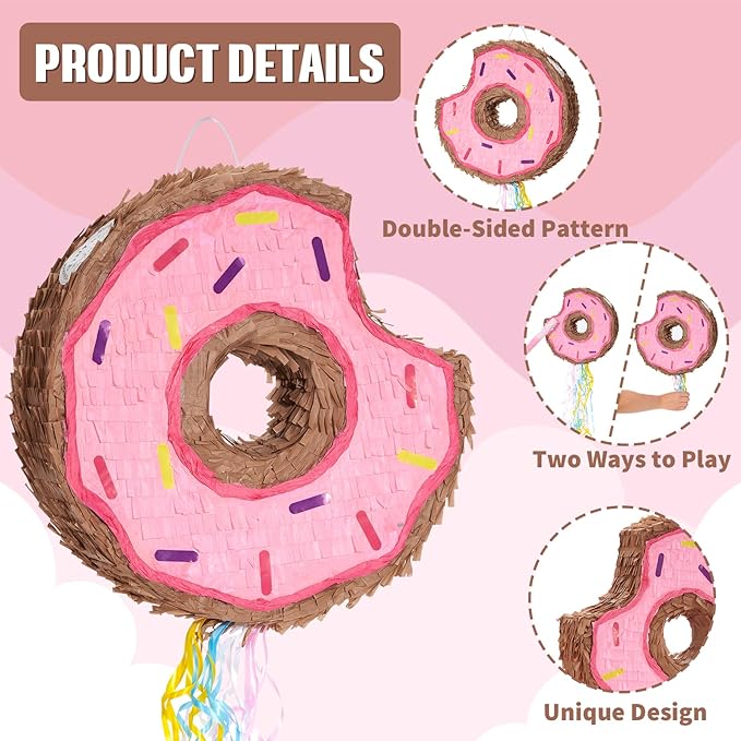 WERNNSAI Donut Piñata - Pink Donut Piñata with String Birthday Party Decorations Piñata with Stick Blindfold for Girls Kids Dount Pull String Piñata Family Games Birthday Party Supplies