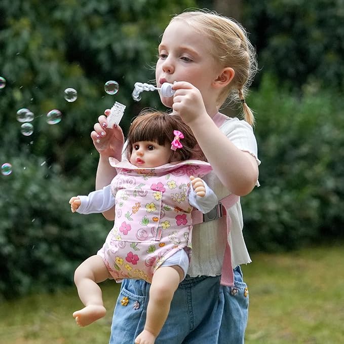 GAGAKU Baby Doll Carrier for Little Girls, Doll Accessories for Toddlers 1-3, Kids Toy Baby Dolls Sling Carrier - Pink - Moonflower