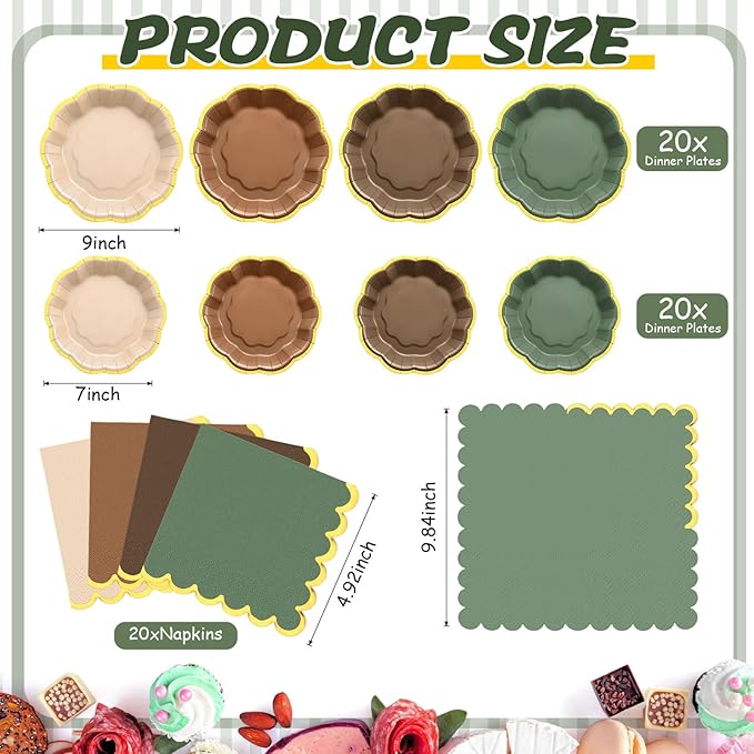 Vesici 60 Pcs Sage Green and Brown Woodland Party Plates with Napkins 9 Inch 7 Inch Paper Plates and Disposable Napkins with Gold Foil Border for Tea Birthday Bridal Baby Shower Wedding Party Supplies