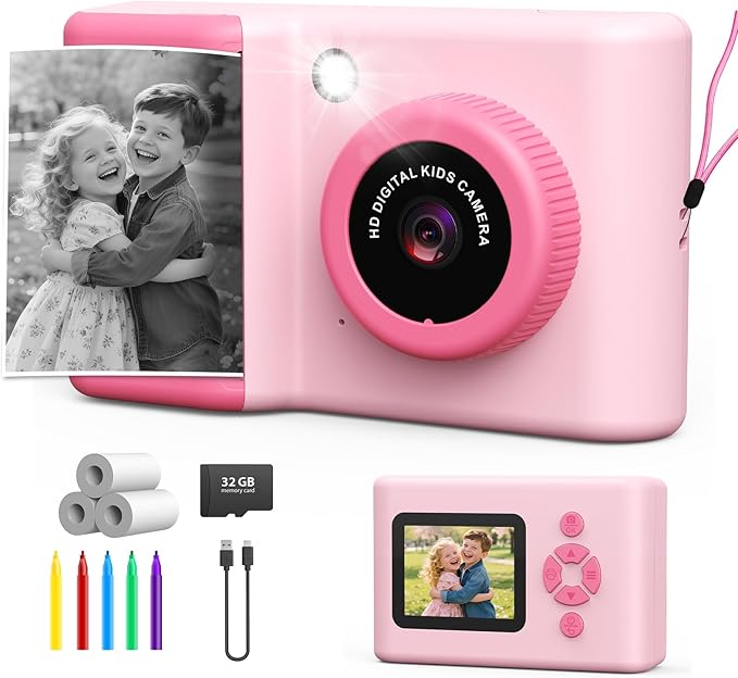 Kids Camera Instant Print, 20MP 1080P Video Instant Print Camera for Kids with 32GB SD Card, 240 Photos Printing, Face Recognition, ABS Durable, Christmas Birthday Gifts for Ages 3-12 (Pink)