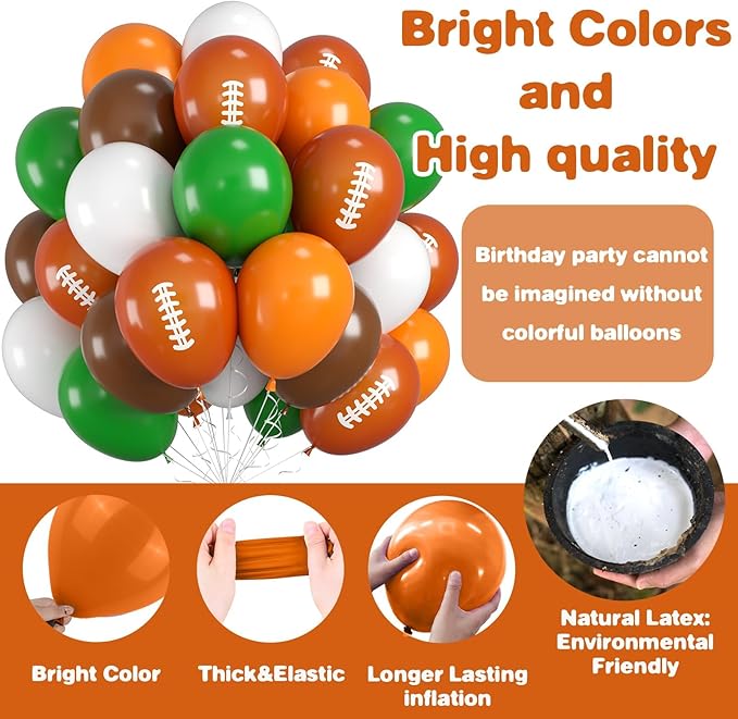 Football Balloons, Soccer Balloons with Orange Brown Green White Latex Balloons Football Prints Balloons, Sports Theme Birthday Decorations Game Day Party Supplies for Sports Theme Party