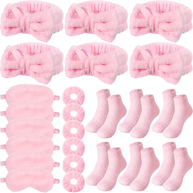 30 Pieces Galentine Spa Sleepover Party Supplies 6 Pink Bow Headband 6 Plush Sleep Eye Mask 6 Velvet Scrunchies 6 Pair Fuzzy Sock for Spa Slumber Party Favors Valentine Gift