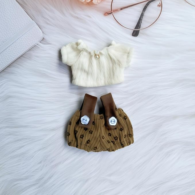 Clothes for Lu bubu 17cm Dolls Accessories(No Doll), Cute Outfit Set 3 Pieces Bib Pants Suitable for 17cm Doll Suit, Stylish Dress Up Overalls Doll Clothing Set Replacement with Hat Clothes Brown
