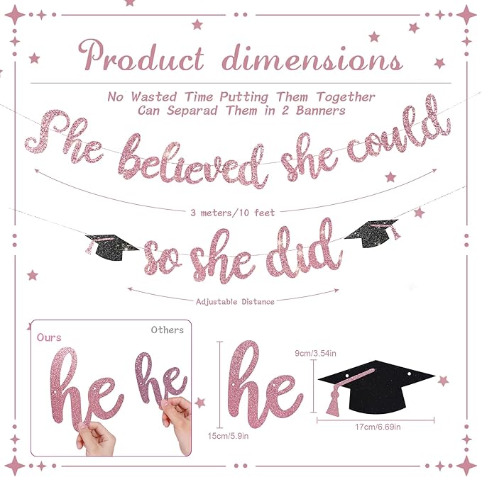 She Believed She Could So She Did Banner - Pre-Strung Glitter Graduation Decorations 2026 for Women Girls, Inspirational Grad Party Supplies, Class of 2026 College High School Masters PhD Decor (Rose Gold)