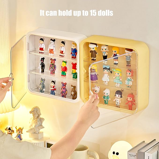 Clear Display Case for Figures, Wall-Mounted Doll Storage Box, Adjustable Display Stand with Door Dust and Moisture Proof Suitable for Lego Collectibles Action Figures Pop Mart (Green)