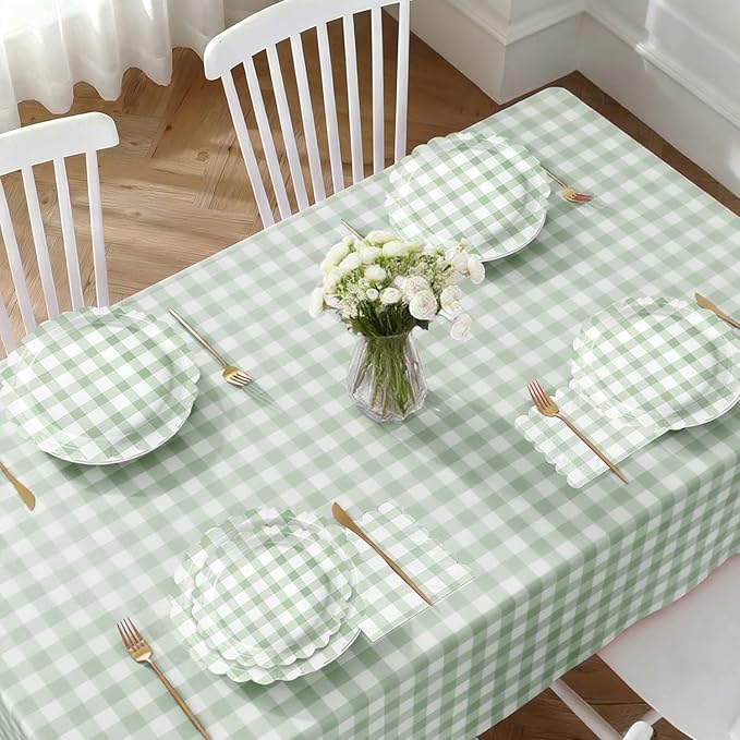 102 PCS Sage Green Gingham Party Supplies - Scalloped Plates, Napkins, Cups, Forks, Banner, Gingham Tablecloth for Baby Shower, Wedding, Birthday, Serves 25