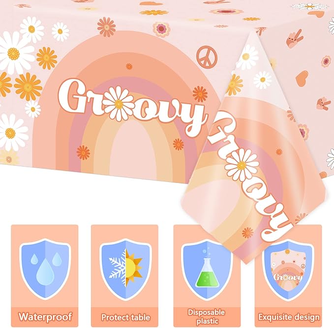 3 Groovy Hippie Boho Birthday Tablecloths for 60's Themed Decorations - Plastic Disposable Daisy Flower Party Table Covers for One Two Baby Shower & Birthday Party Supplies Favors