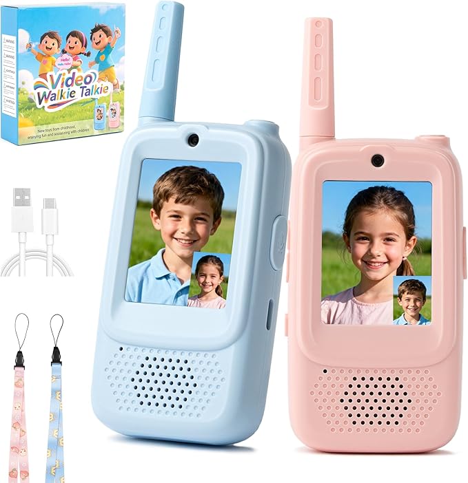 Video Walkie Talkies for Kids, 2 Pack Handheld Rechargeable Walkie Talkie 2 Player Toy with Screen, Long Range Two Way Radios, 4 Voice Effects, Fun Birthday Gift for Boys Girls Ages 3 4 5 6 7 8-12