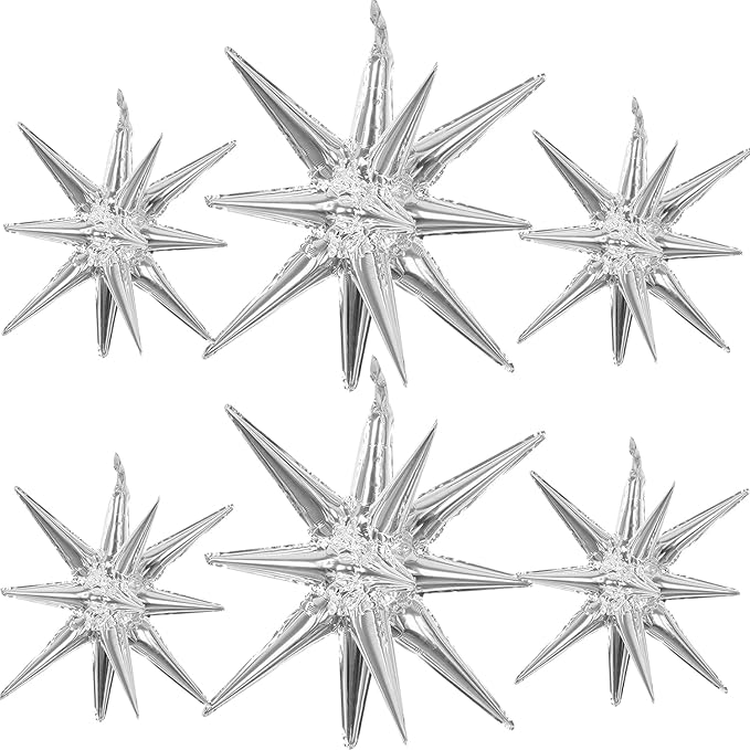 6 Pcs Silver Star Foil Balloons One-Piece 14-Pointed Star Balloon 4D Starburst Cone Mylar Balloon 22inch Christmas Birthday Wedding Wedding Anniversary Party Supplies (22&27 Inches Silver)