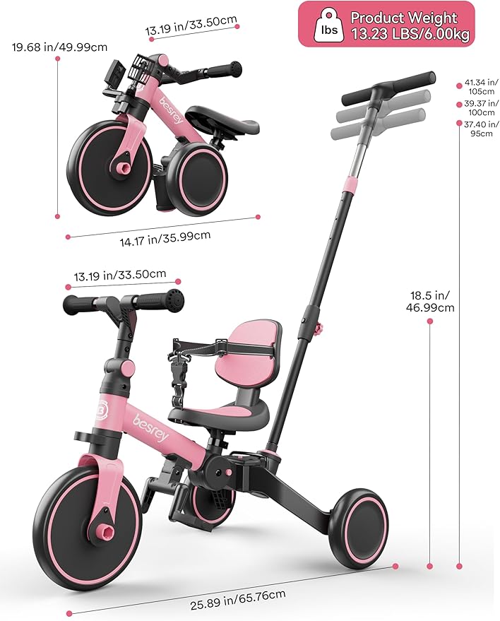 besrey 4 in 1 Toddler Bike, Toddler Tricycle for 1-3 Year Old, Trike with Push Handle, Backrest and Safety Belt, Birthday Gifts and Toys for Boys and Girls, Balance Bike