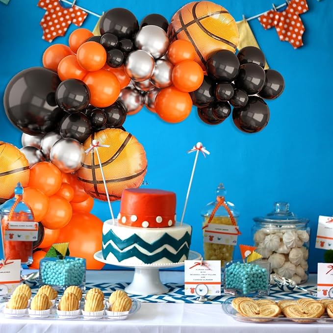 Basketball Balloons Garland Kit – Orange Black Silver Metallic Balloons with Basketball Foil Balloons for Sports Theme Birthday Party Decorations
