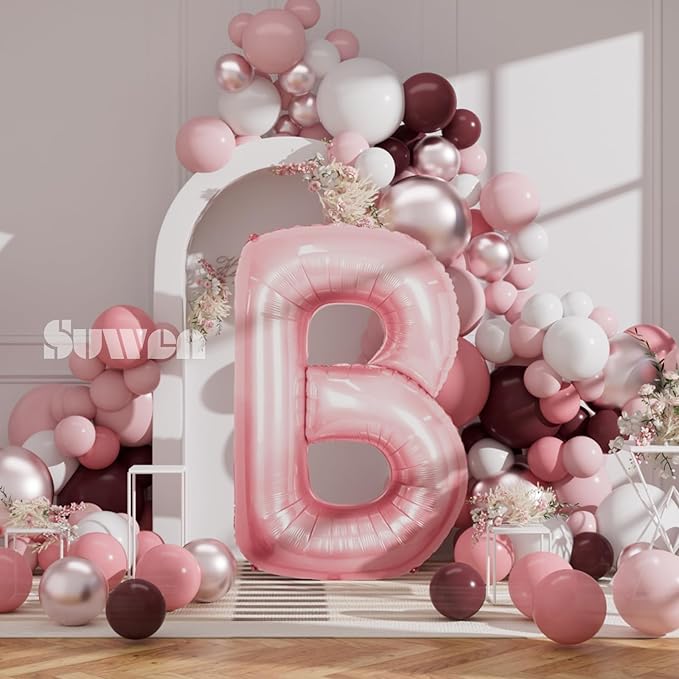 SUWEN 40 Inch Pink Large B Letter Balloons Big Foil Helium Letter Balloons A-Z Jumbo Mylar Happy Birthday Party Decorations for Girl Anniversary Party Supplies