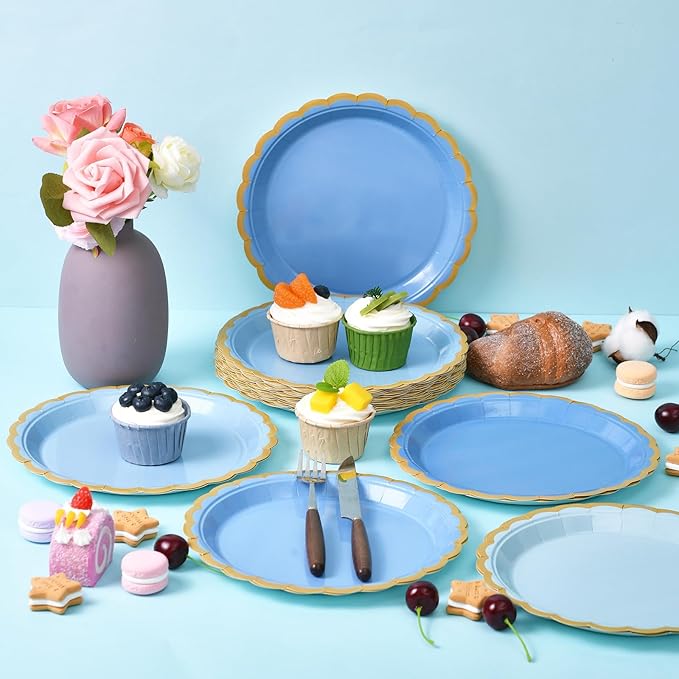 96 Pcs Blue Scalloped Party Paper Plates, 9 Inch Cute Blue Disposable Dessert Baby Bridal Shower Dinner Birthday Cake Paper Plates for Party Bridal Baby Girl Shower Wedding Supplies