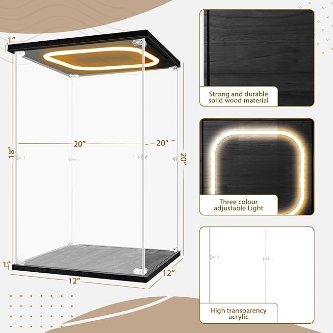 Acrylic Display Case with LED Light for Doll 20"x 12"x 12" Clear Assemble Cube Display Box Stand for Collectibles Trophy Dust Proof Protection Showcase for Action Figures(Black)
