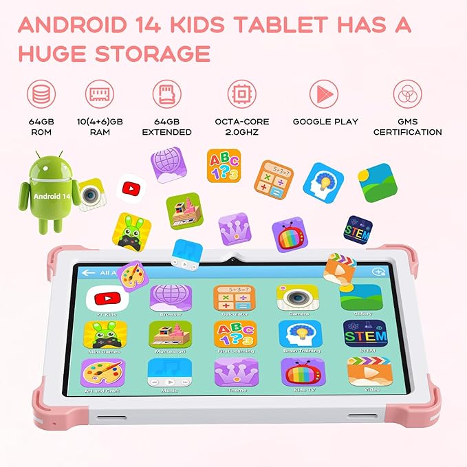 10 Inch Android 15 Kids Tablet, 10GB RAM 64GB ROM, 10000mAh Battery, Parental Control, Iwawa Educational Learning Apps, Tablet for Kids 3-7（Pink）