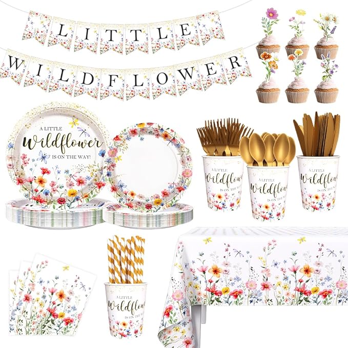 218Pcs Wildflower Baby Shower Decorations for Girls, Wildflower Party Decorations Include Plates Cup Napkin Tablecloth Tableware Banner Cupcake Topper Wildflower Baby in Bloom Party Supplies