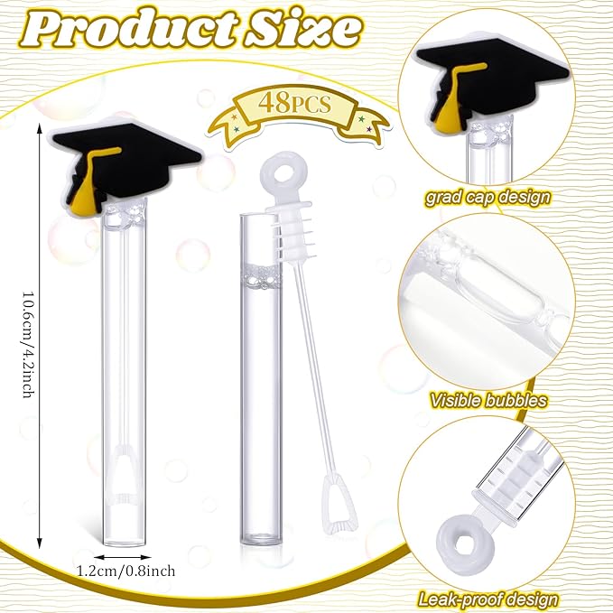 48 Pcs 4.2'' Mini Bubble Wands Bubbles Party Favors Birthday Party Supplies Favor Decorations for Gift Back to School Goodie Bag, Contains Liquid(Graduation Hats)