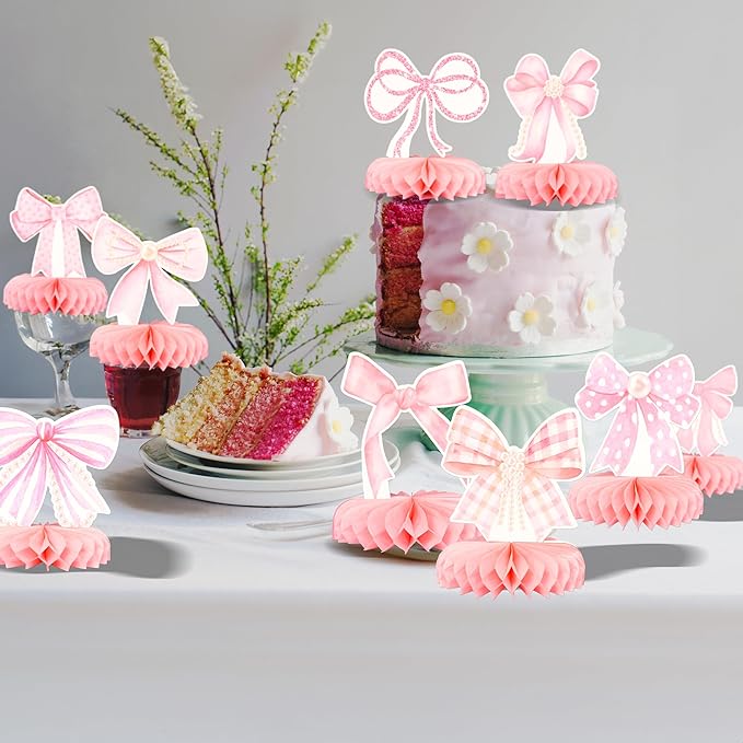 Gyufise 9Pcs Pink Bow Party Honeycomb Centerpieces Decorations Pink Bow Coquette Birthday Decorations Pink Bow Paper Coquette Party Supplies for Bridal Engagement Bachelorette Wedding Party Decor