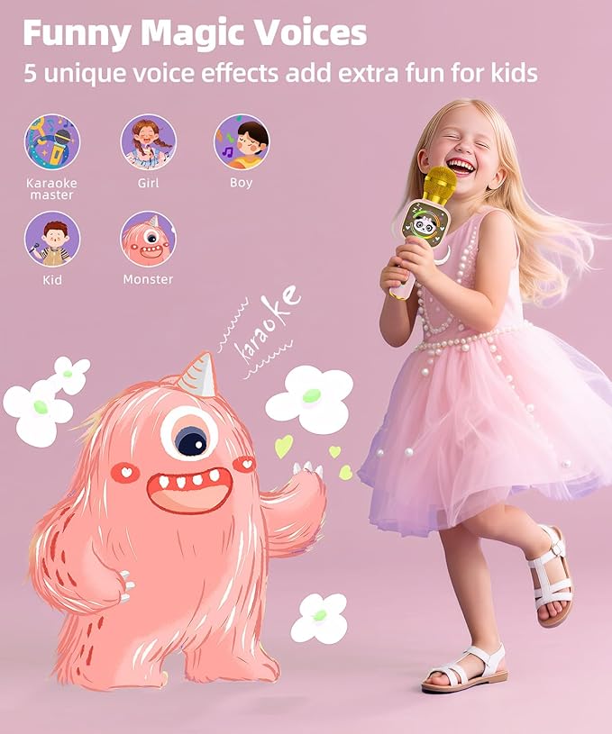 Bluetooth Karaoke Microphone Toy for Kids - Mini Portable Speaker with LED Lights, Wireless Pairing (TWS) for Duet Singing, Christmas Birthday Gift Toys for Boys & Girls Ages 2-12 (Pink - 1)
