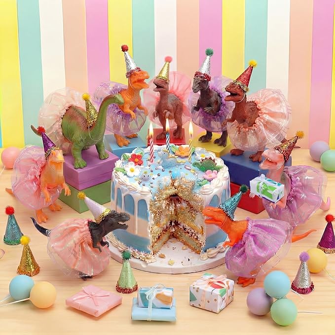 Weysat 41 pcs Dinosaur Figures Cake Topper Animal Birthday Party Decorations with Mini Hat and Skirt, Colorful Balls, Jungle Toppers Decoration with Gift Boxes for Themed Party(Dinosaur)