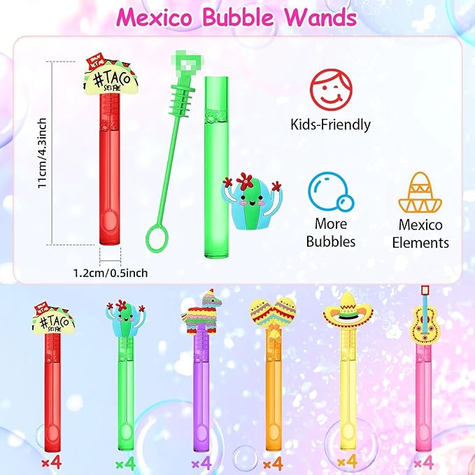 AFZMON 24Pcs Cinco De Mayo Party Favors Bubble Wands for Kids, Mexican Fiesta Mini Bubbles Wands, Taco Party Supplies Goodie Gift Bag Stuffers Pinata Classroom Prizes