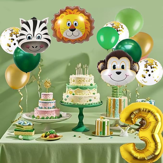 Jungle 3rd Birthday Decorations, Safari Birthday Party Wild Three Party Supplies Animals Head Foil Balloons Young Wild & Three Banner for Boy Girl 3 Year Old Decor (Jungle 3rd)