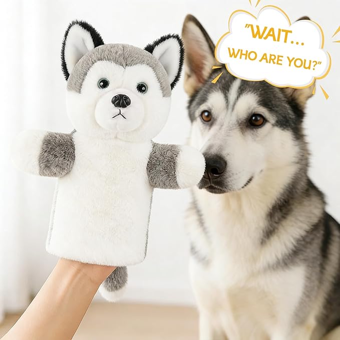 Puppy Hand Puppet Soft Plush Animal Toy No-Shedding Plush Dog Interactive Pretend Play Storytelling Classroom Educational Gift for Children Boys Girls Husky