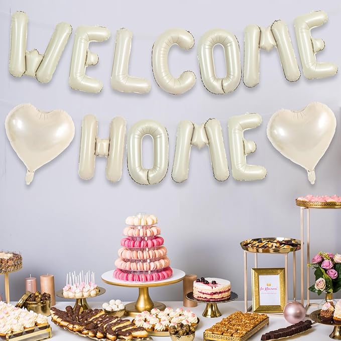 TONIFUL Welcome Home Balloons,16 Inch Cream White Welcome Home Foil Balloons Banner Welcome Home Party Decorations for Homecoming Party Decorations House Warming Party Family Gathering Supplies
