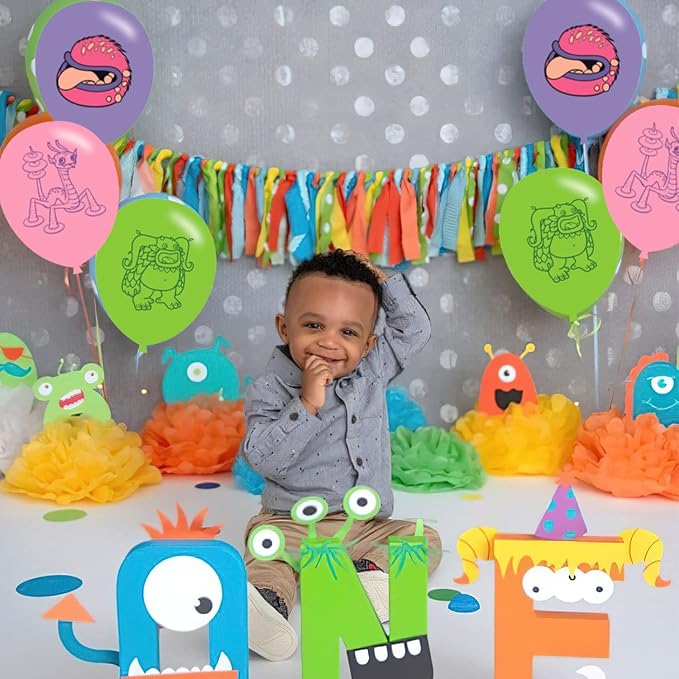 Singing Monster Birthday Party Decoration,Monster Party Photo Background 5 x 3 FT and 18 Pcs Balloon,Merch Party Backdrop Supplies