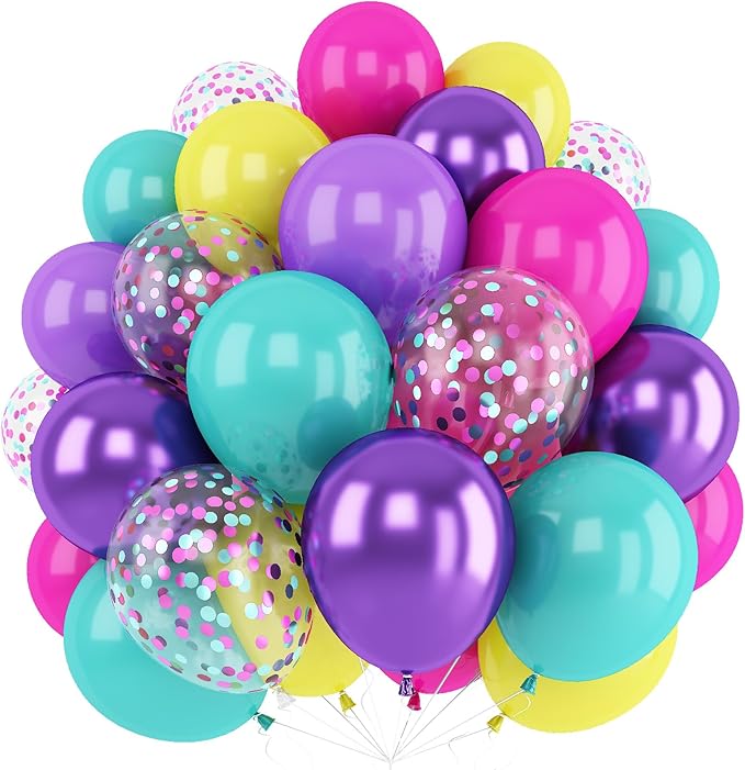 Pink Blue Purple Balloons,60 Pcs 12 Inch Confetti Party Balloons Hot Pink Metallic Purple Yellow Teal Balloon Multicolor Latex Balloon for Magic Theme Birthday Party Decorations