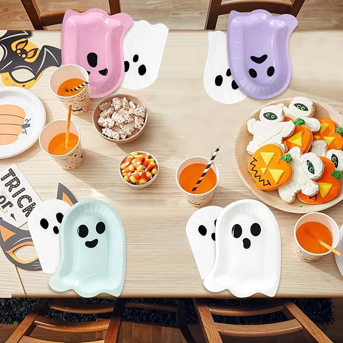 180Pcs Halloween Ghost Party Supplies Paper Plates and Napkins Serve 60 Disposable Tableware Set for Birthday Party Decorations Game Day Family Holiday Sports Events