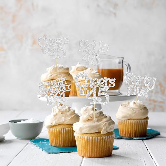 Ephlyn 24Pcs 45th Birthday Cupcake Toppers Glitter Straight Outta 1981 Cupcake Picks Hello 45 Cheers to 45 Years Cake Decorations for 45th Birthday Anniversary Party Decorations Supplies Silver