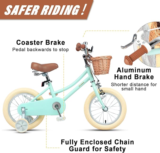 Petimini Vintage Kids Bike for Girls, 12–20 Inch Classic Bicycle with Wicker Basket & Bell, High Tensile Steel Frame, Training Wheels (12–18”), 85% Pre-Assembled, Retro Bike for Outdoor Riding