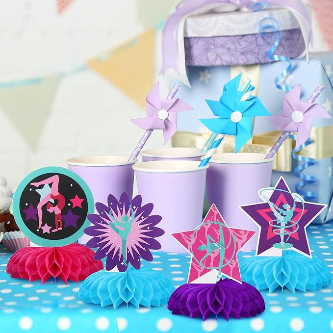 9 Pieces Gymnastics Party Decoration Gymnastics Party Centerpiece Gymnastics Birthday Honeycomb Centerpiece Table Topper for Birthday Baby Shower Gender Reveal Party Supplies