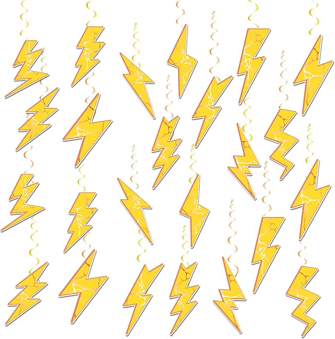 24 Pieces Lightning Hanging Swirls Flash Weather Streamers Gold Lightning Hanging Decorations Ceiling Swirls for Yellow Lightning Birthday Party Decorations Party Supplies Baby Showers Decorations