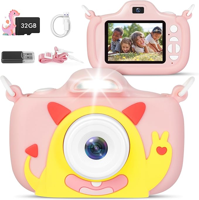 Kids Camera with Flashlight & 2.4in Screen, 1080P Dual Lens Toddler Camera- Christmas Birthday Gift for 3-12 Year Old Girls Boys, Kids Digital Camera with 32GB Card & Shockproof Case