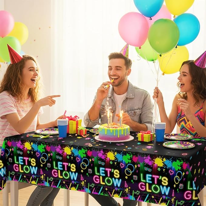 Oigco 3 Pcs Neon Tablecloth, Neon Party Decorations Let's Glow Table Cover for Birthday Glow in The Dark Party Supplies, 54 x 108 Inch