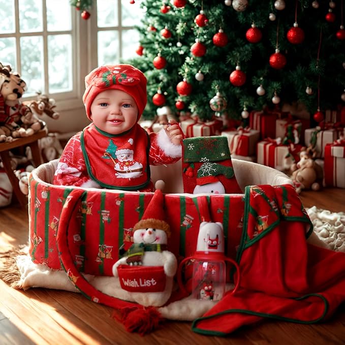 BABESIDE Reborn Baby Doll Clothes Set with Bassinet – 9 Pcs Christmas Reborn Baby Doll Accessories & Clothes with Bottle and Socks for 17-22 Inch Realistic Dolls for Girls