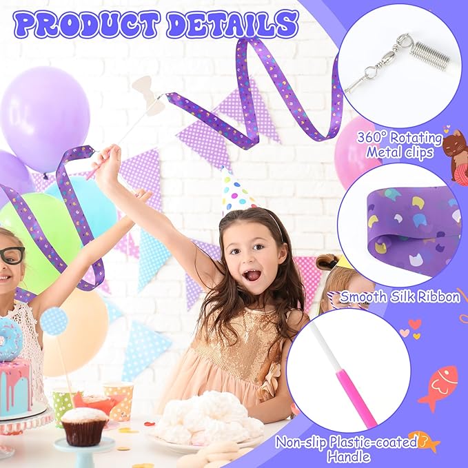 12 Pcs Cat House Party Favors Ribbon Dancing Wands Gymnastics Ribbons Sticks Dance Streamers Dance Twirling Sticks for Girls Birthday Party Favors Supplies Goody Bag Stuffers Gifts