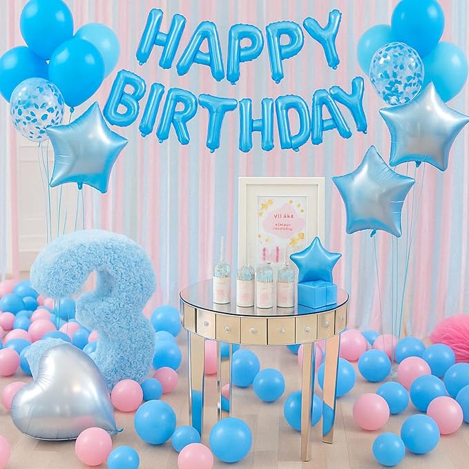 29PC Light Blue Happy Birthday Balloon Banner, 16 Inch 3D Letter Banner Sign, Light Dark Blue White Confetti Balloons 18 Inch Star Heart Foil Balloons for Kids, Men, Boys Party Decorations
