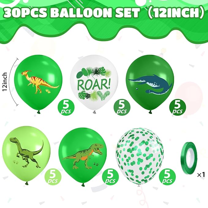 Dinosaur Balloons, 12 Inch Dark Fruit Light Green White Dinosaur Printed Latex Balloons for Boy Dino Birthday Party Decorations Jungle Baby Shower Safari Backdrop