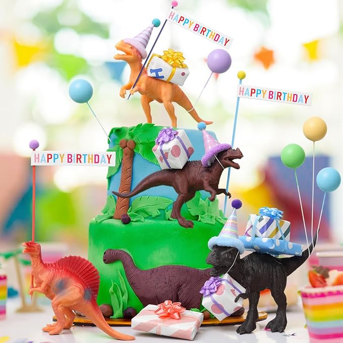 Weysat 37 Pcs Dinosaur Birthday Party Decorations, Dinosaur Cake Cupcake Toppers with Mini Hats Miniature Flags Gift Boxes Balls Figure Models for Dino Themed Birthday Party Supplies Adults