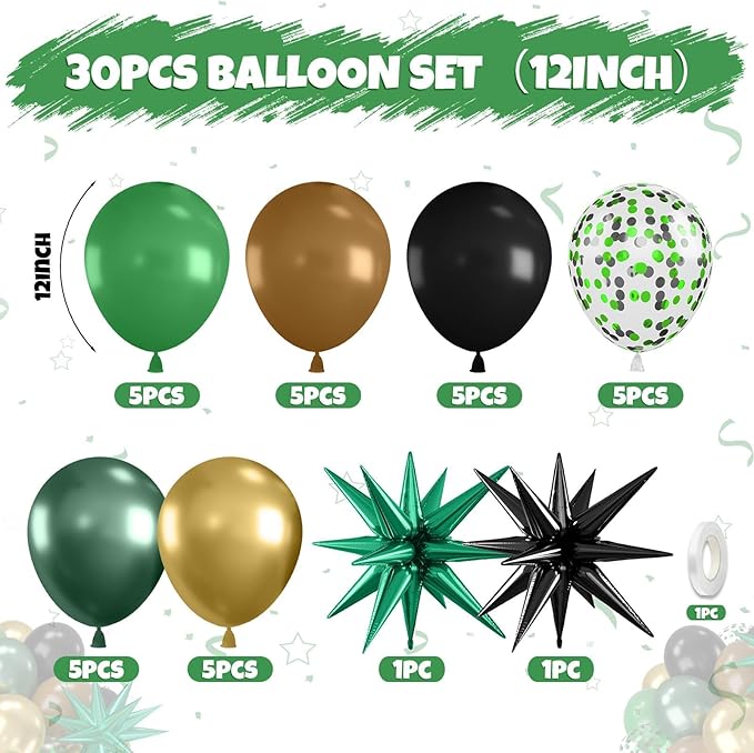 Green and Brown Balloons, 12 Inch Dark Green Black Metallic Green Gold Balloon with Star Foil Balloon for Boys Camping Jungle Safari Theme Birthday Baby Shower Party Decorations