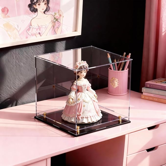 Acrylic Display Case for Collectibles, Dustproof Acrylic Box with Clear Display Elevation & Gold Risers, Large Display Case for Figures Toys Memorabilia, 8" L x 8" W x 8" H