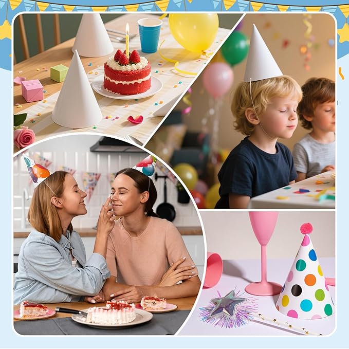 White Paper Party Hats for Kids Birthday,Decorative Bulk Cone Crafts for Adults Art DIY, Halloween Supplies（20/40/60）