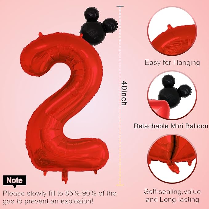 40 inch Red Number 2 Balloon & Mini Mouse Head Balloon, 2nd Birthday Party Decoration Balloons, Cartoon Mouse Birthday Party Supplies Baby Shower Decoration, Red Black Theme Party Decorations Supplies