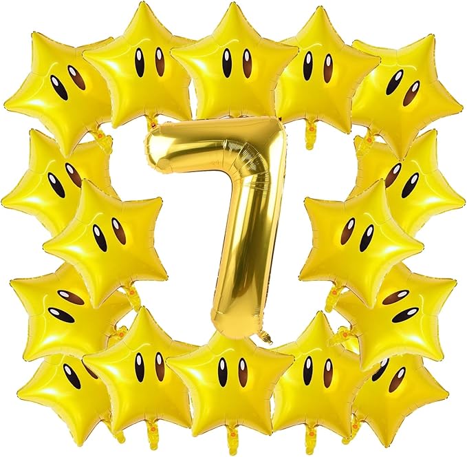 16PCS Foil Star Balloons, Star and 40Inch Number 7 Foil Balloons For Game Theme 7th Birthday Party Decorations Children Party Supply Party Decor （7th）