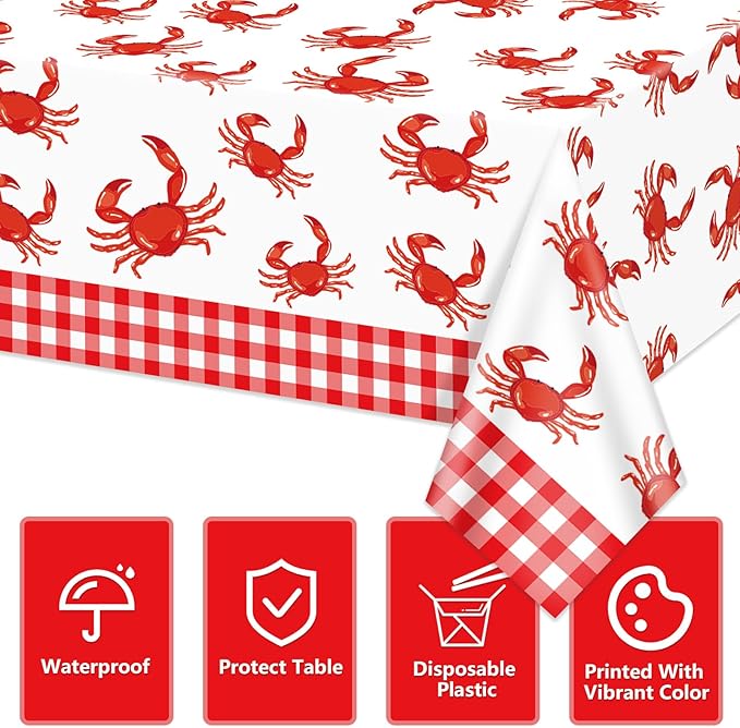 4 Pcs Crab Tablecloths, Plastic Seafood Decorations Crab Tablecloths for Seafood Boil Party Supplies Crayfish Boil Theme Party, 51 x 86 inch