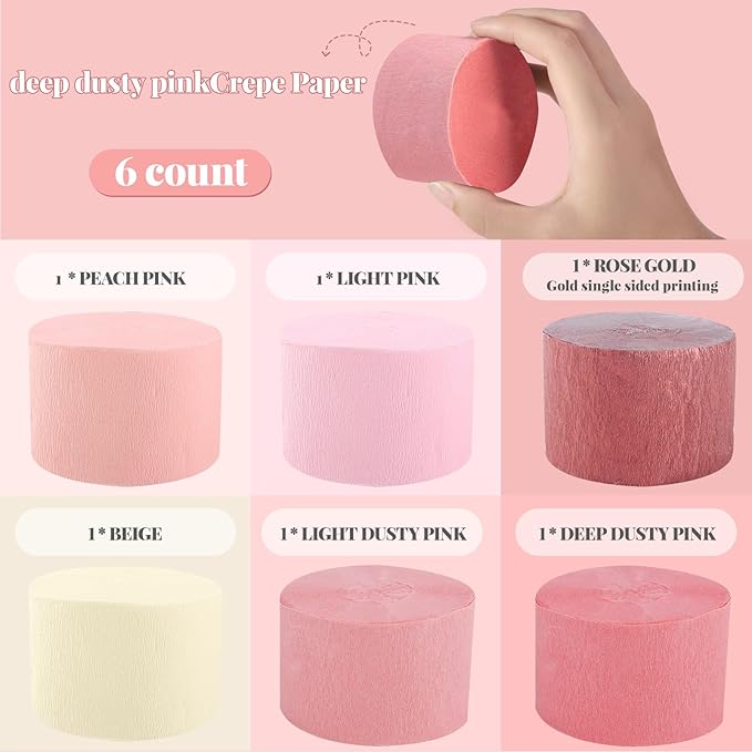 Crepe Paper Streamers Party Decorations, 6 Rolls Pink Rose Gold Party Streamers for Wedding, Birthday, Bachelorette, Baby Bridal Shower Party Decorations