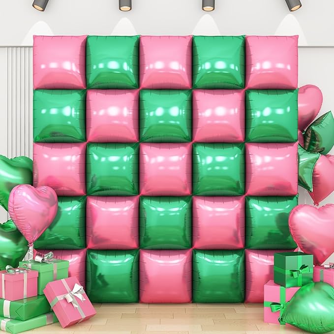 Pink Green Square Foil Balloon Wall,25Pcs Double Sided Foil Balloons Backdrop Helium Tunnel Arch Garland Kit for Girls Witch Themed Birthday Baby Shower Anniversary Party Decorations